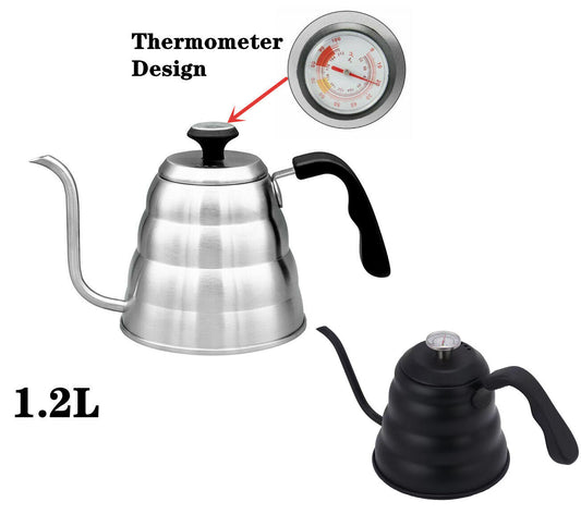 1.2L Coffee Kettle Pour Over Hot Water Teapot Stainless Steel Thermometer Reader