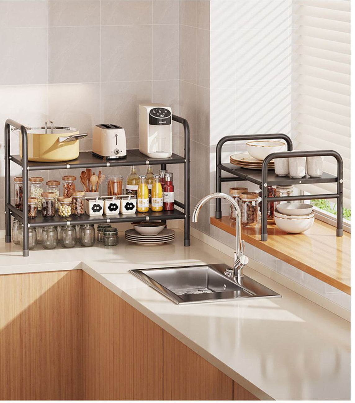 Extendable Storage Rack Under Sink Shelf 1/2 Tiers Kitchen Organizer Steel