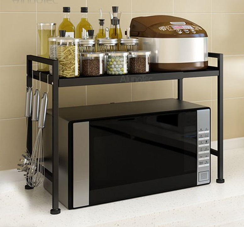 2 Tiers Kitchen Organiser Adjustable Metal Rack Microwave Shelf Holder with Hook