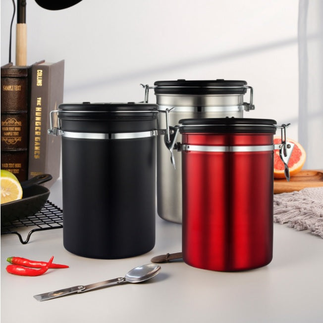 1.2/1.5/1.8L Coffee Container Spoon Canister Airtight Steel Lock Seal Storage