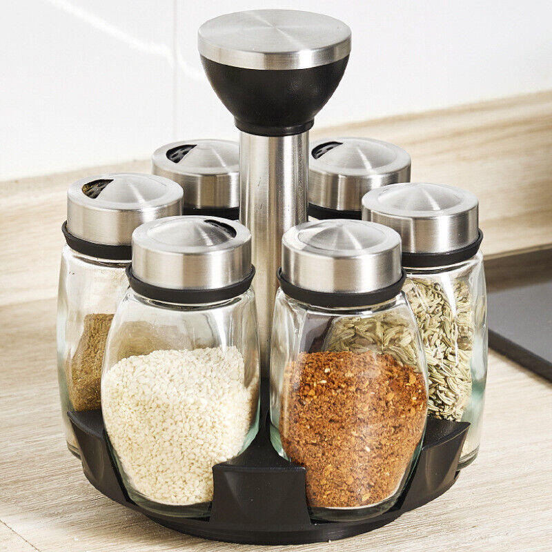 Spice Rack Seasoning Organizer Holder 360° Rotation Set with 6 Jars QNA