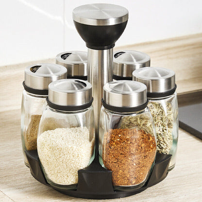 Spice Rack Seasoning Organizer Holder 360° Rotation Set with 6 Jars QNA