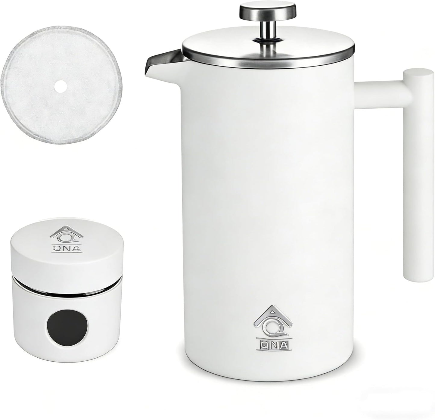 French Press Camping Coffee Maker 350ml 1000ml 304 Stainless Steel Coffee Plunger Tea Maker with Double Vacuum Insulation, No Coffee Grounds, Rust-Free, White+CoffeeCan, 1000ml