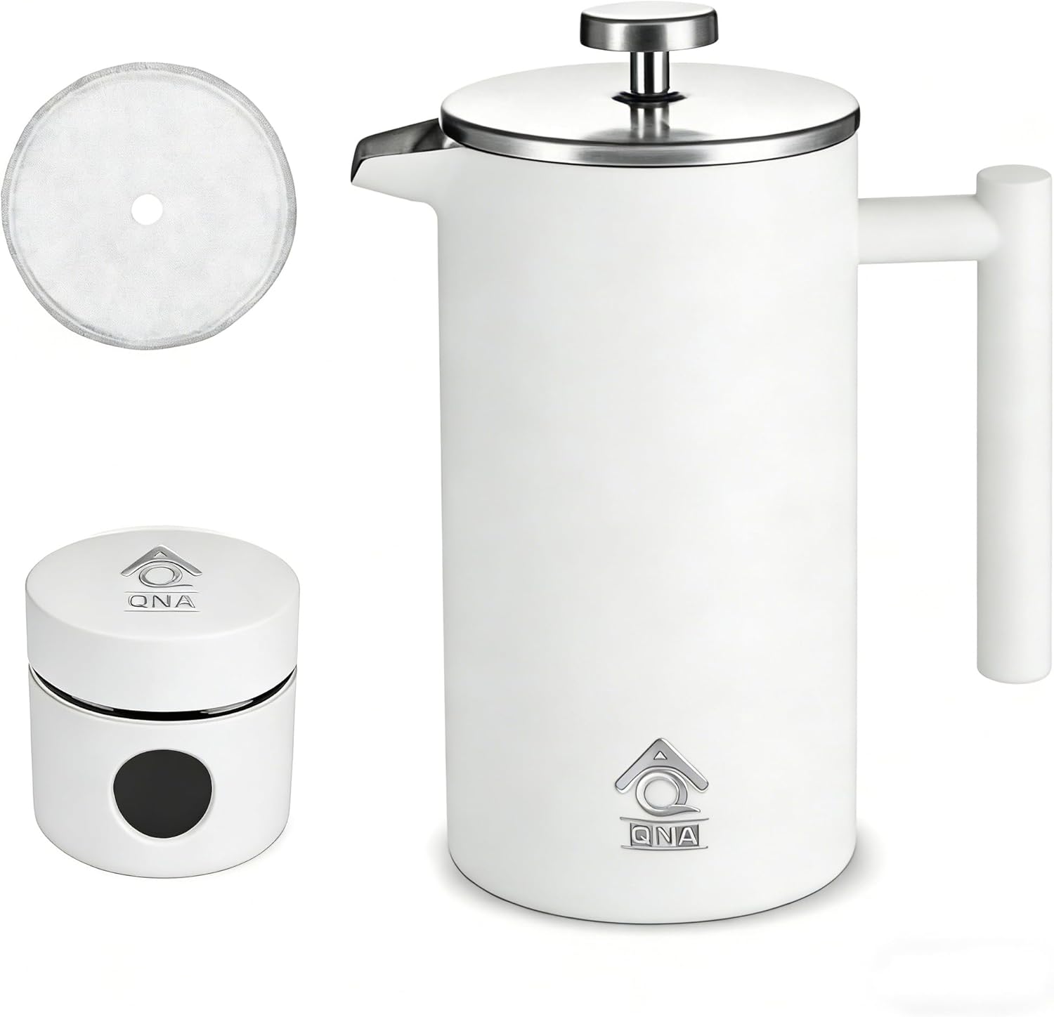 French Press Camping Coffee Maker 350ml 1000ml 304 Stainless Steel Coffee Plunger Tea Maker with Double Vacuum Insulation, No Coffee Grounds, Rust-Free, White+CoffeeCan, 1000ml