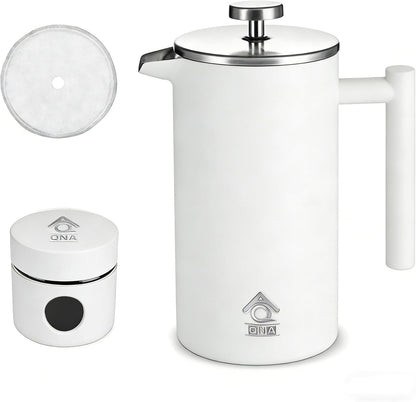 French Press Camping Coffee Maker 350ml 1000ml 304 Stainless Steel Coffee Plunger Tea Maker with Double Vacuum Insulation, No Coffee Grounds, Rust-Free, White+CoffeeCan, 1000ml