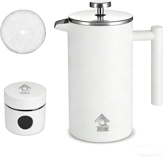French Press Camping Coffee Maker 350ml 1000ml 304 Stainless Steel Coffee Plunger Tea Maker with Double Vacuum Insulation, No Coffee Grounds, Rust-Free, White+CoffeeCan, 1000ml