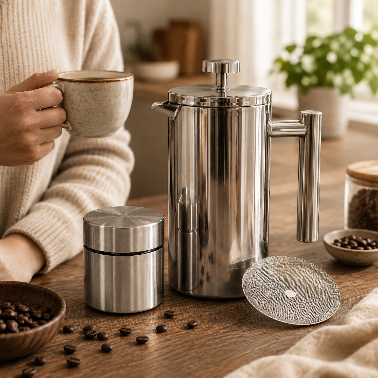 French Press Set with Can & Filter Silver