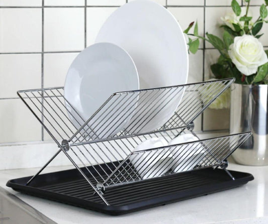 2 Tier Folding Dish Rack Kitchen Drainer Drying Organizer Silver