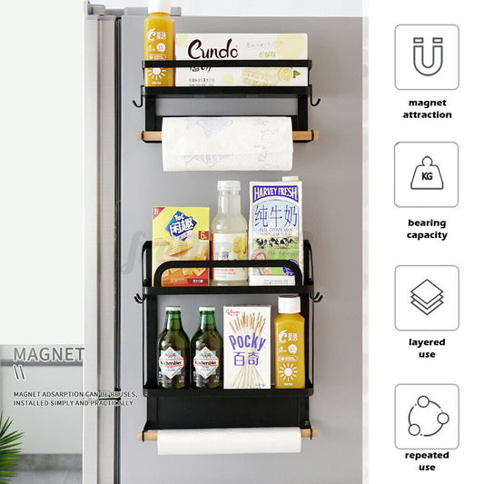 Magnetic Kitchen Fridge Organizer Rack Storage Shelf Towel Holder with Hooks